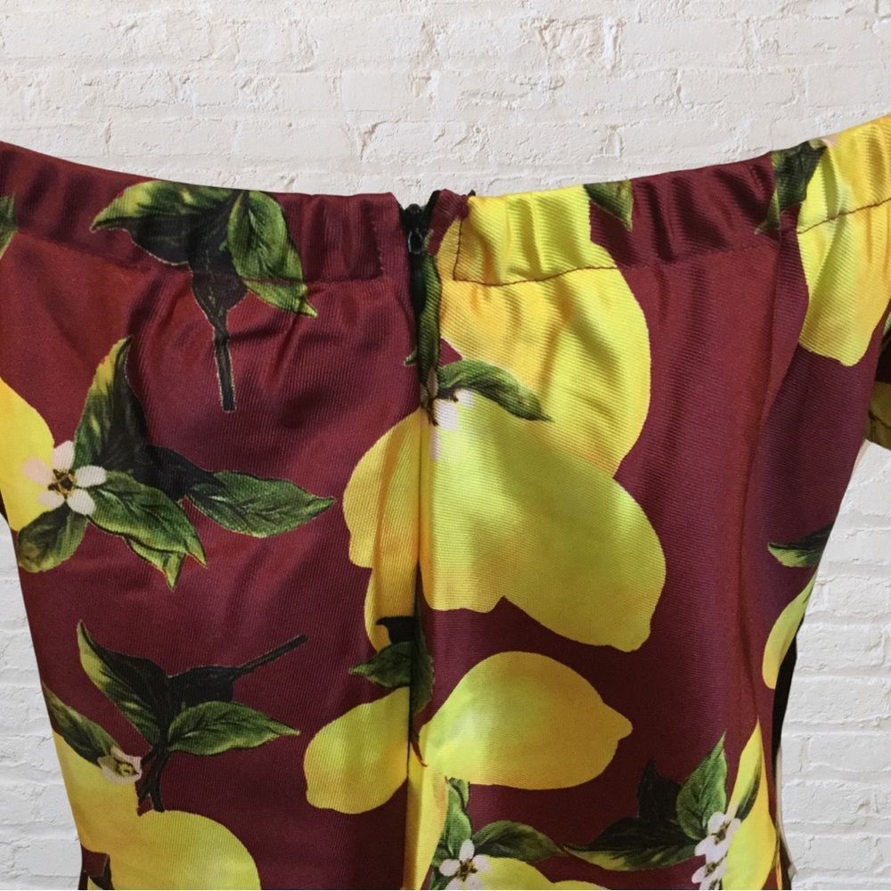 NWT, Lemon-Print Knee-Length Off Shoulder Dress in Dark Red - Med & Large - Picture 6 of 8